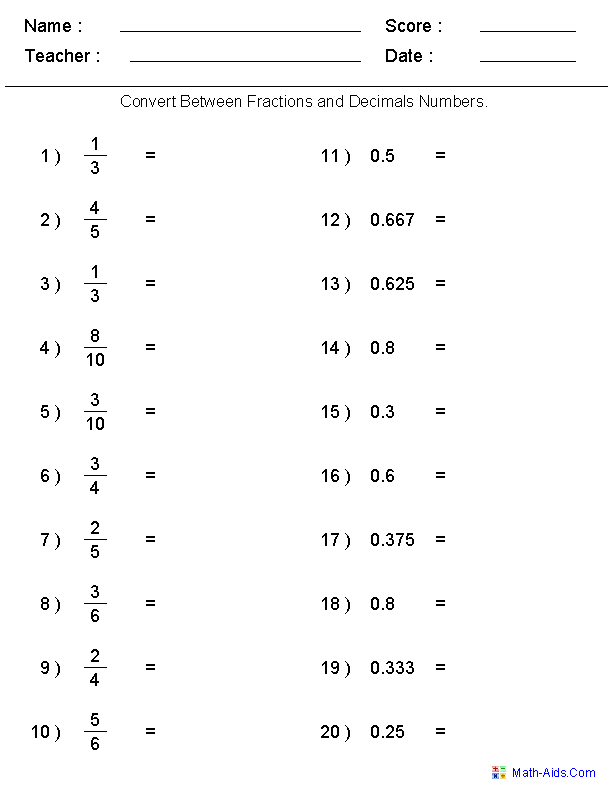 Glossary sheet for fifth graders on converting fractions to decimals