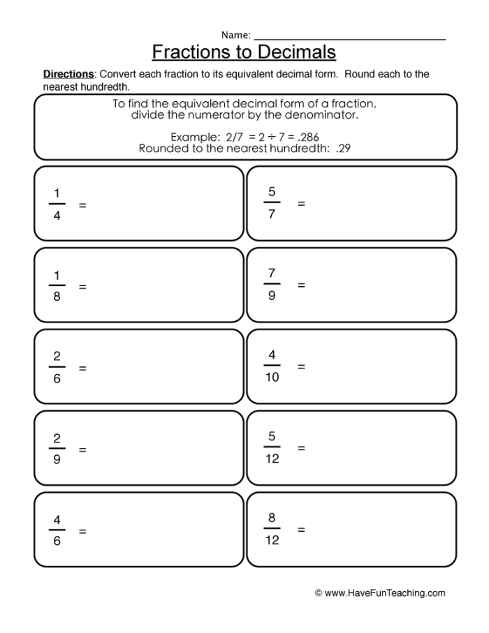 Glossary page for the Converting Fractions to Decimals worksheet for fifth graders
