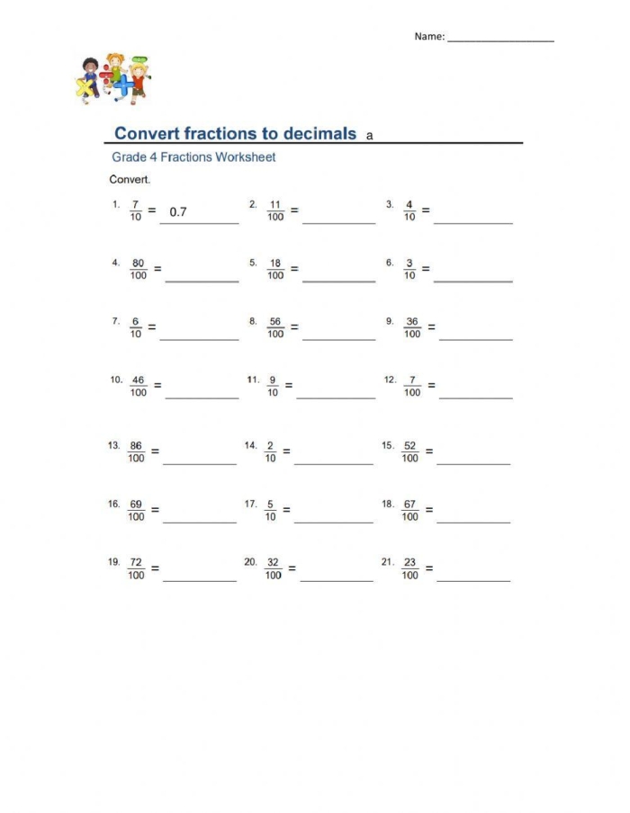 Glossary worksheet for fifth graders on converting fractions to decimals