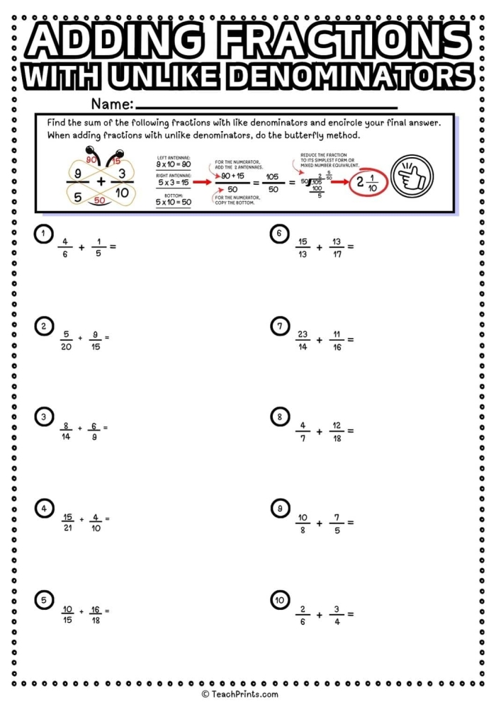 Worksheet for practicing addition of fractions with different denominators