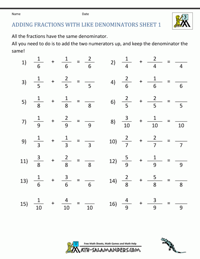 Worksheet for adding fractions with both like and unlike denominators for fifth graders