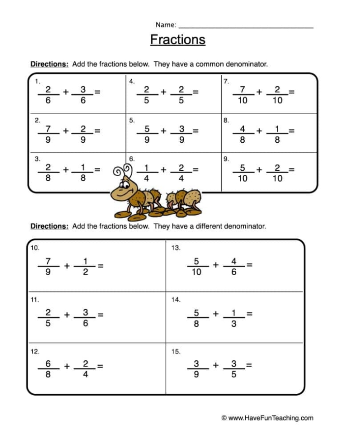 Worksheet for adding fractions with like and unlike denominators for fifth graders