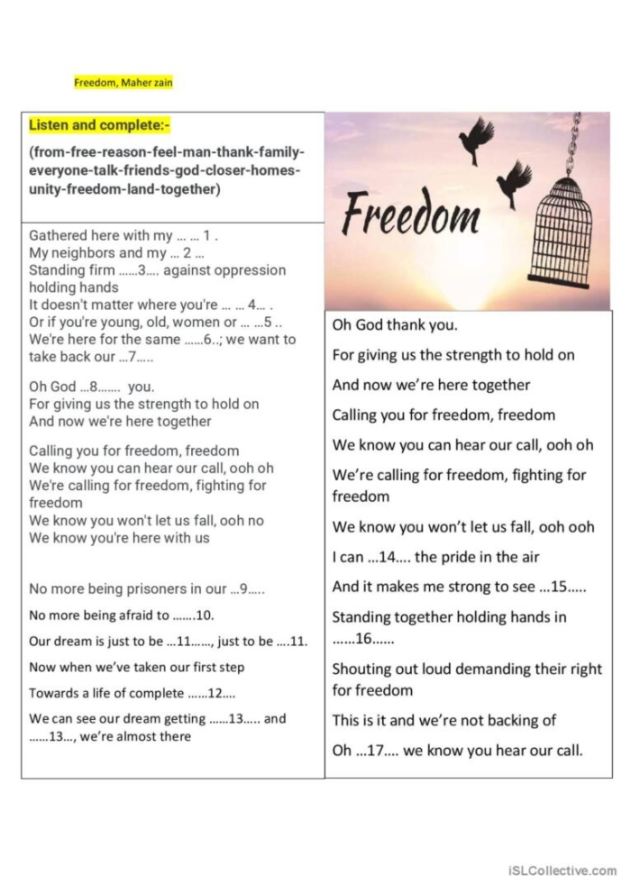 Fifth grade student filling out a worksheet about the historical meaning of freedom