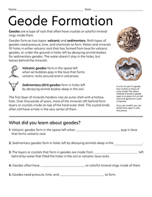 Geode Formation Worksheet for Fifth Grade Learning Detailed illustration of geode formation for a fifth-grade earth sciences worksheet