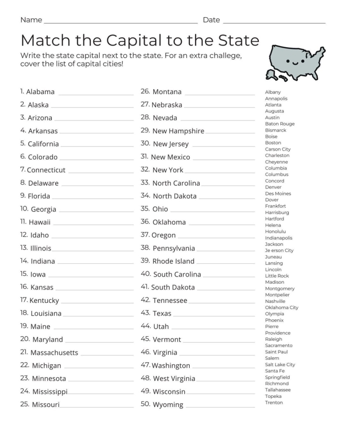 Fifth grade student using a Match the Capital to the State handwriting worksheet