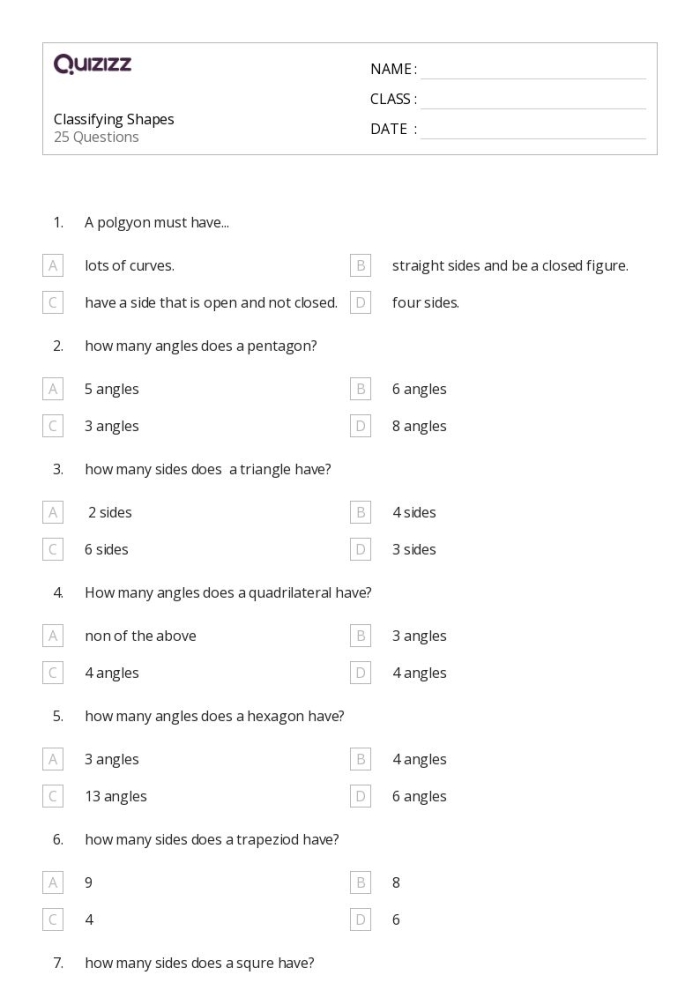 Categorize These Shapes worksheet image 17 for learning geometry classification skills Fifth grade geometry worksheet showing various 2D shapes including parallelograms, quadrilaterals, squares and triangles for classification practice