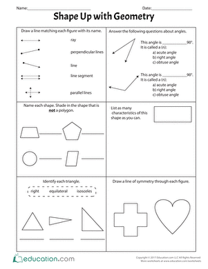 Fifth grade geometry worksheet with shapes and angles for students to practice identifying and measuring geometric figures