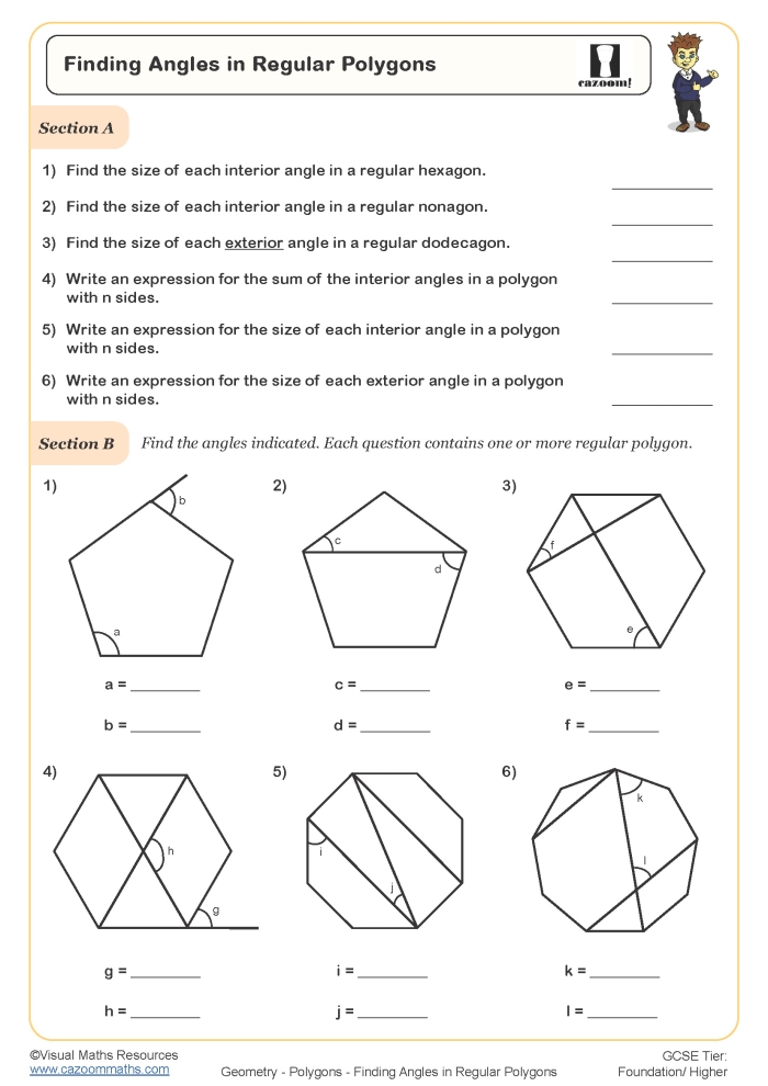 Geometry angles and polygons practice page 13 for elementary students Fifth grade geometry worksheet showing angle types, triangle classifications, and polygon shapes for review