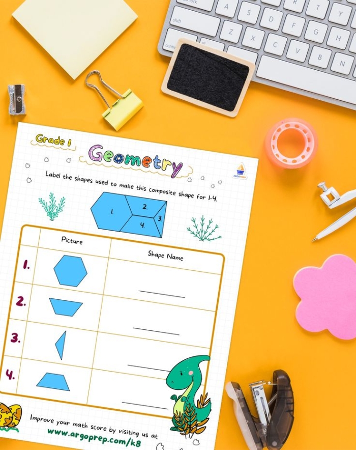 Fifth grade geometry worksheet with shape identification and angle measurement exercises for assessing student understanding