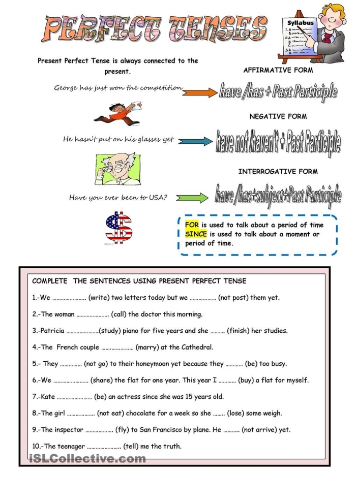 Fifth-grade grammar exercise on using perfect tense verbs in sentences Perfect verb tenses worksheet for fifth graders focusing on grammar practice