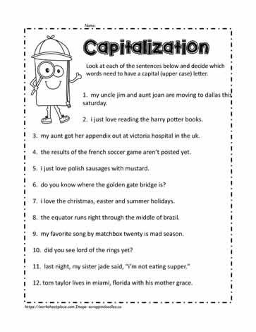Punctuation and capitalization worksheet for fifth-grade students focusing on grammar skills