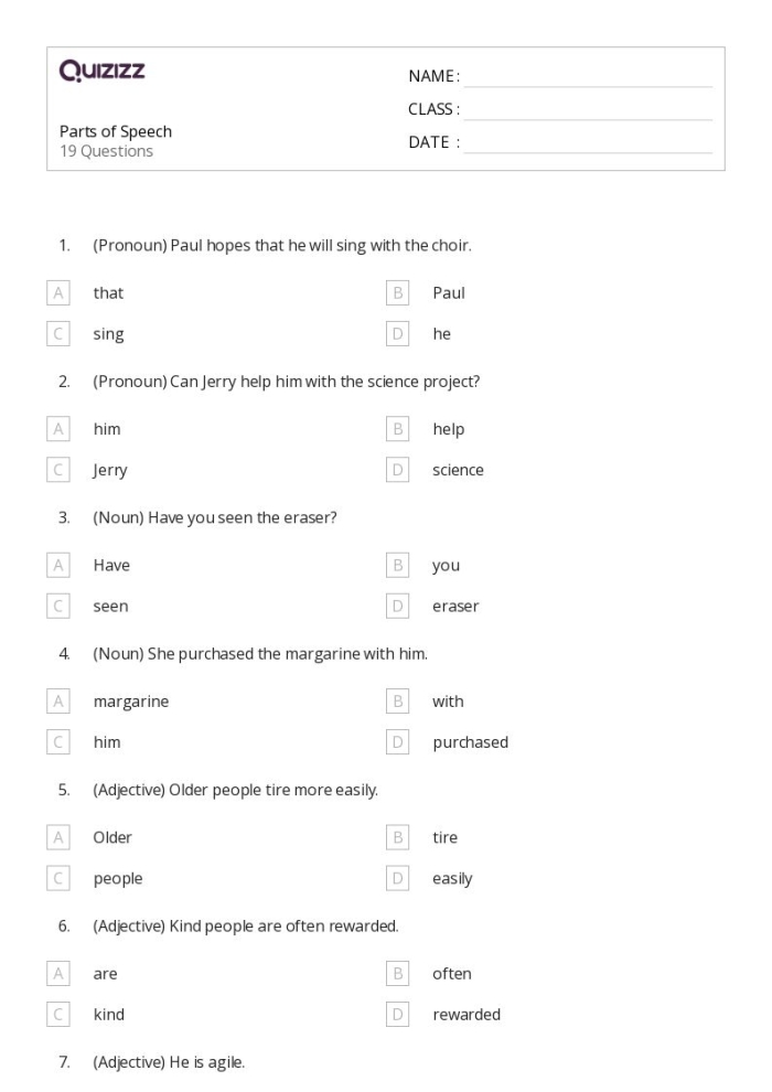 Fifth grade students completing a parts of speech assessment worksheet with grammar exercises