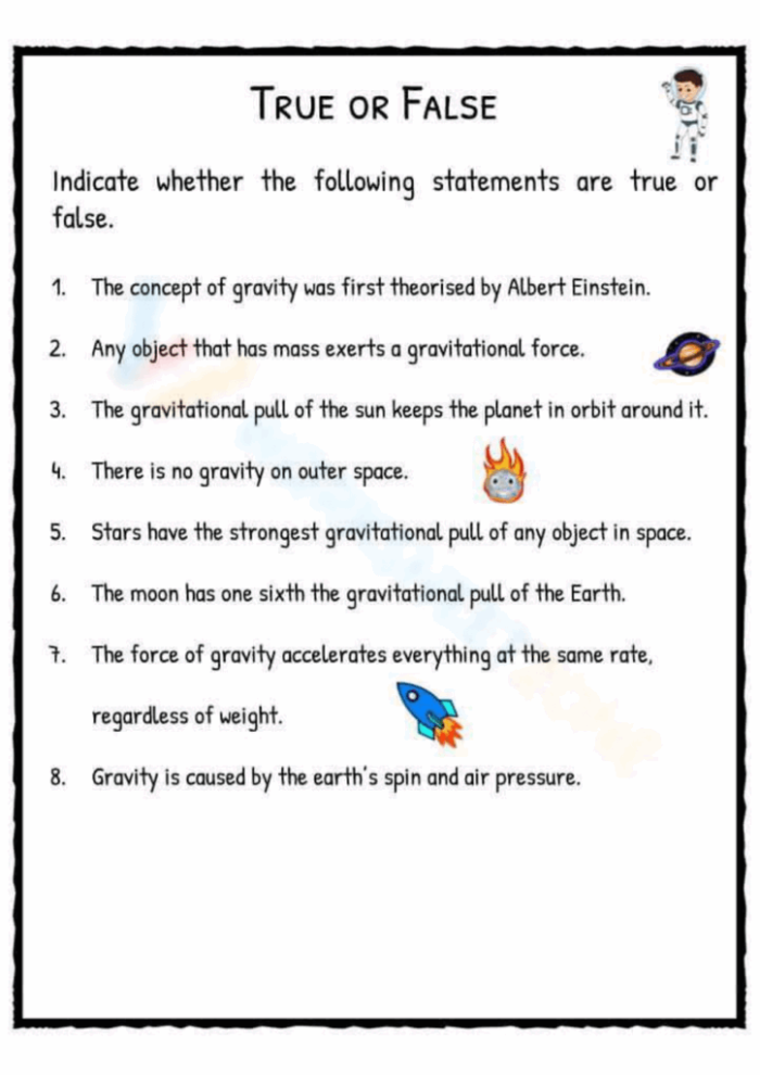 Worksheet on the Law of Gravity for fifth graders exploring Newton's principles