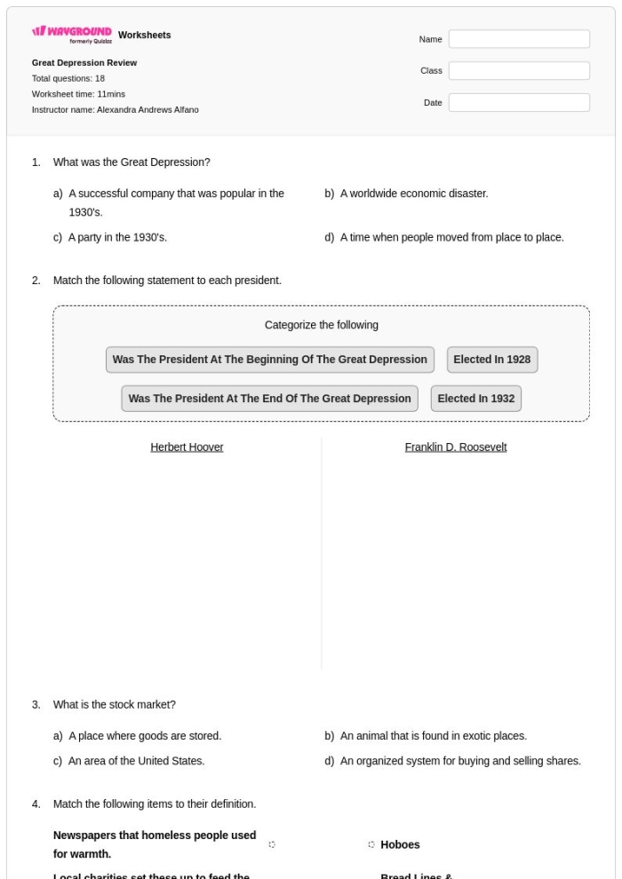 Great Depression worksheet for fifth graders to enhance reading comprehension skills