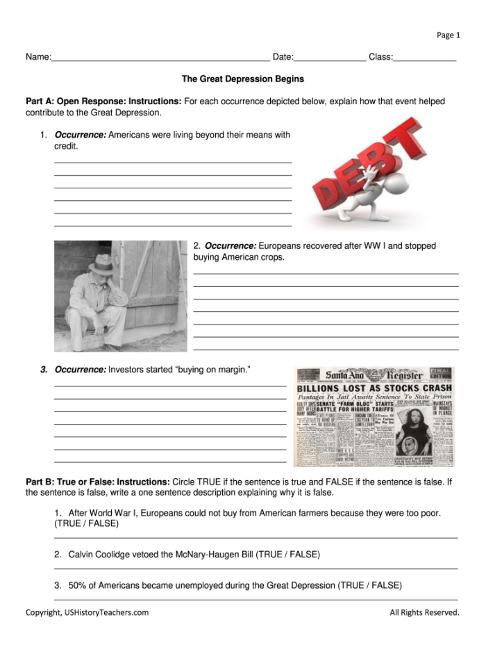 Worksheet for fifth graders on the Great Depression to enhance reading comprehension skills