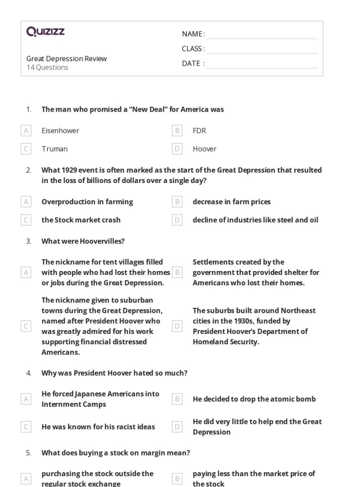 Worksheet featuring a comprehension exercise on the Great Depression for fifth graders