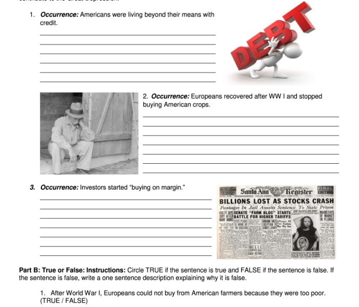 Worksheet designed for fifth graders to enhance their understanding of the Great Depression
