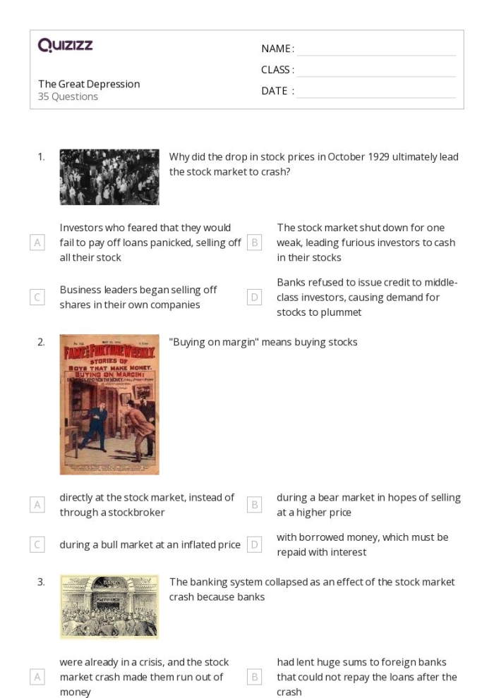 Worksheet for fifth graders about the Great Depression to enhance comprehension skills