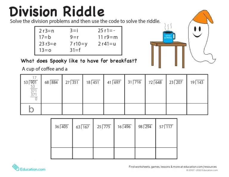 Fifth grade students solving long division problems to reveal a Halloween ghost breakfast riddle answer