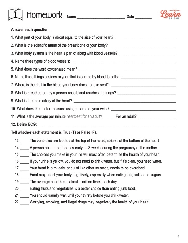 Diagram illustrating blood flow through the heart for a fifth-grade worksheet