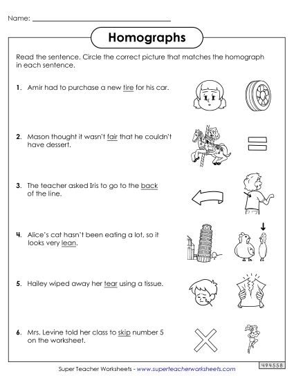 Fifth grade students matching homograph pairs to definition clues using a word bank worksheet activity