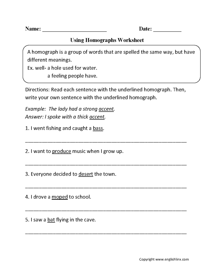 A fifth grade student completing a homograph pairs matching worksheet with word bank options and definition clues