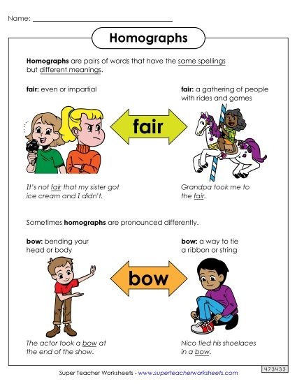 Fifth grade student completing a homograph pairs worksheet with matching clues