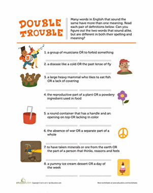 Fifth grade sight words worksheet focusing on homonyms labeled Double Trouble 21