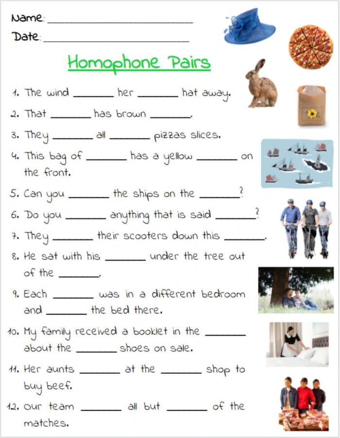 Fifth grade students completing homophone fill-in-the-blank practice exercises on a worksheet