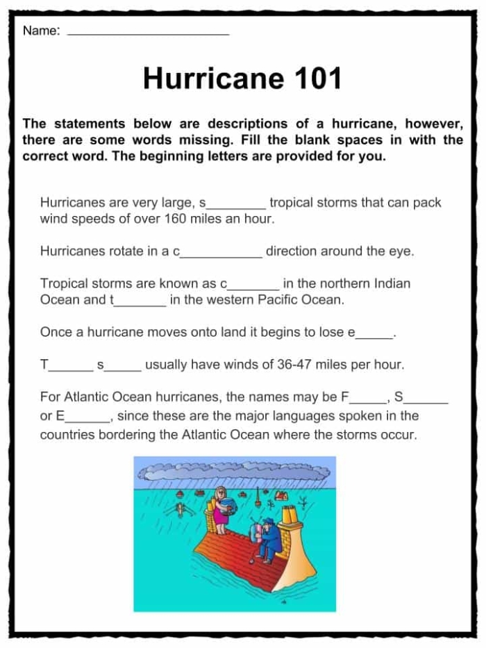 Worksheet featuring questions and answers about hurricanes for fifth-grade students