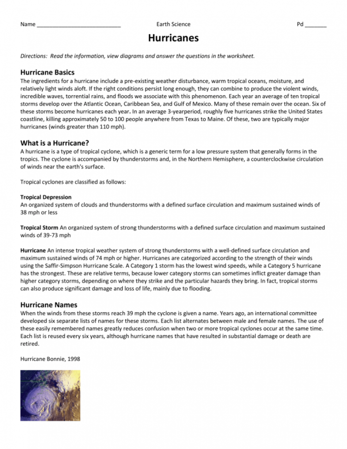 Hurricane Science worksheet for fifth graders featuring Q&A about hurricanes