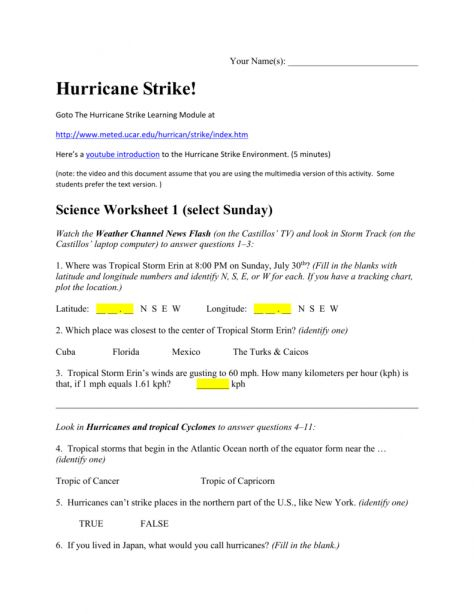Hurricane Science worksheet for fifth graders focusing on earth science concepts
