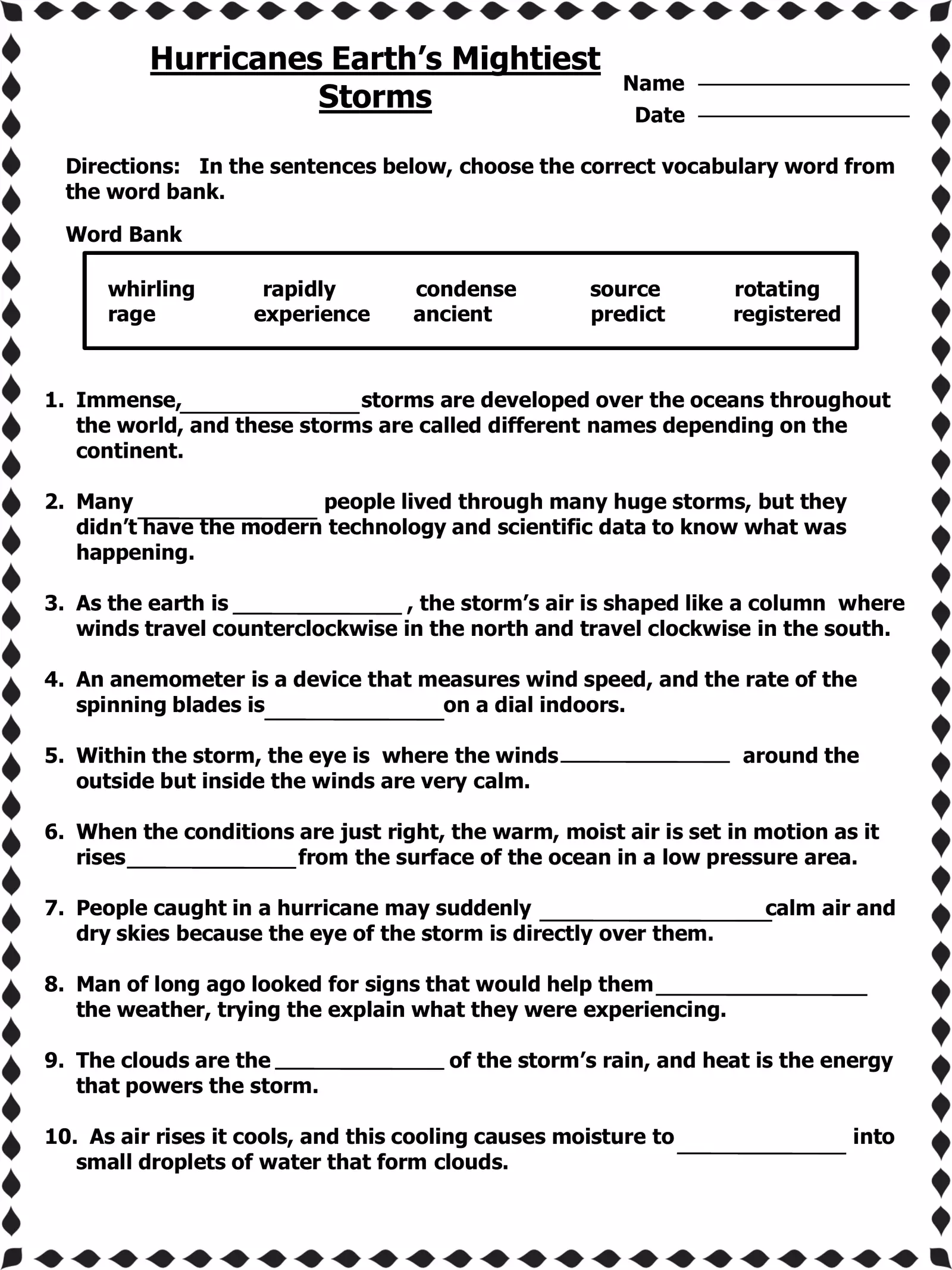 Hurricane science worksheet for fifth graders focusing on earth science concepts