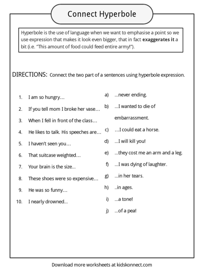 Funny Fill-In Hyperbole Story Activity for Elementary Students A fifth grader completing a hyperbole story worksheet with colorful prompts and blank spaces for creative writing
