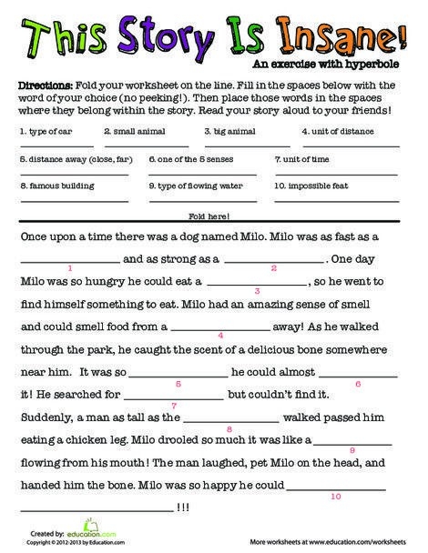 Hyperbole Story Writing Activity for Elementary Students Image 7 Fifth grade students complete a humorous fill-in-the-blank story worksheet featuring exaggerated hyperbole examples and creative writing prompts