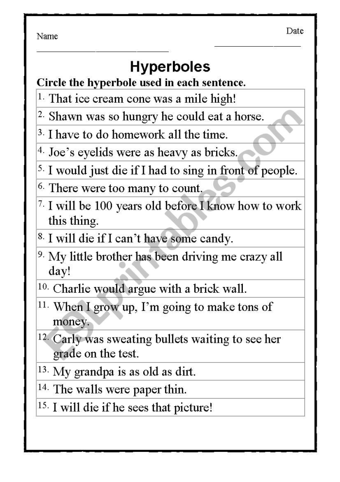 Hyperbole Story Writing Activity for Elementary Students A fifth grader fills in blanks on a colorful worksheet featuring exaggerated story prompts about silly situations and funny characters