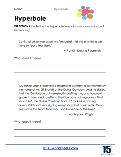 Hyperbole Story Writing Activity for Elementary Students A fifth grader completing a hyperbole story writing worksheet with exaggerated examples and fill-in-the-blank spaces