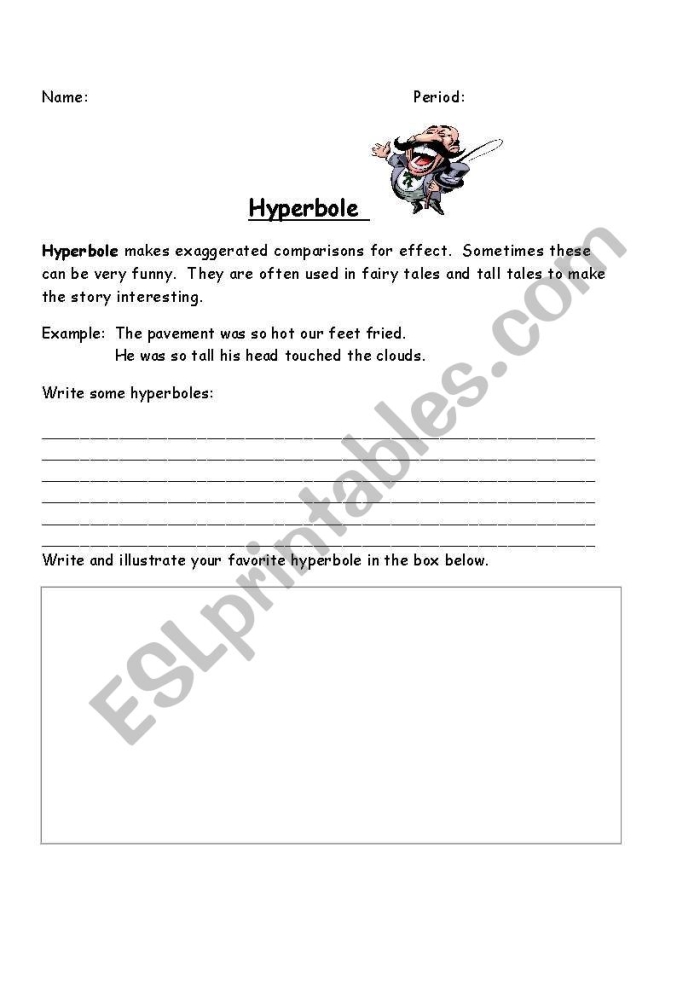 Hyperbole Story Worksheet Four Historical Writing Activity Fifth grade student writing a creative history story using hyperbole on a fun worksheet