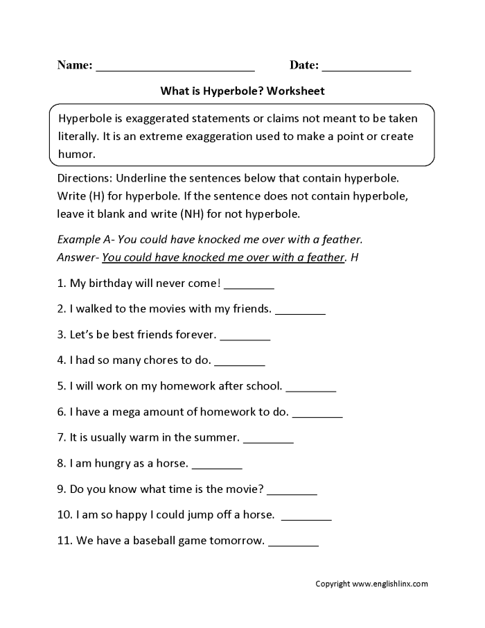 Funny Hyperbole Story Writing Activity for Elementary Students Fifth grade students completing a hyperbole story worksheet with fill-in-the-blank sentences for creative writing practice