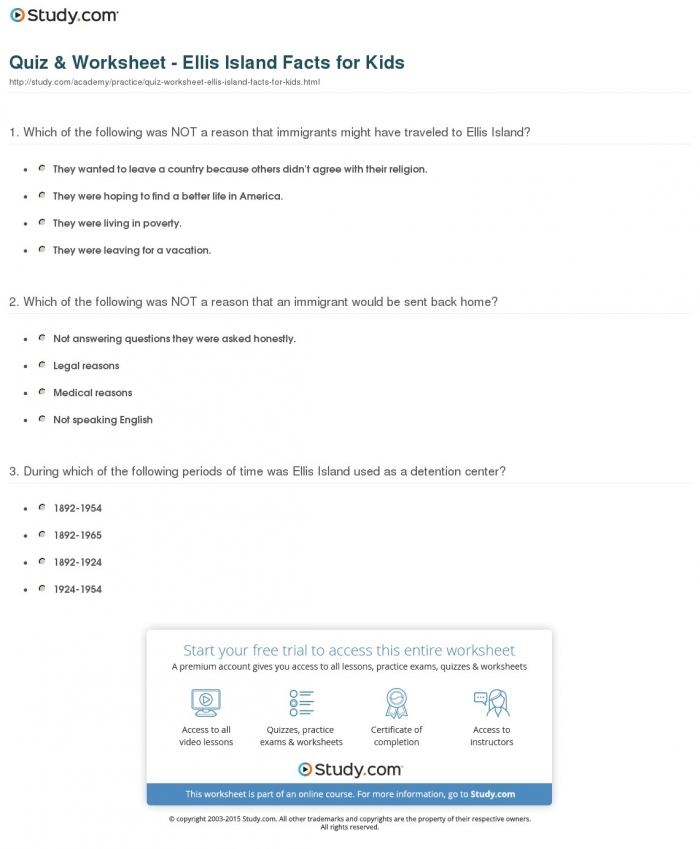 A fifth grade history worksheet featuring an illustration of a young immigrant carrying a small bundle of belongings to Ellis Island