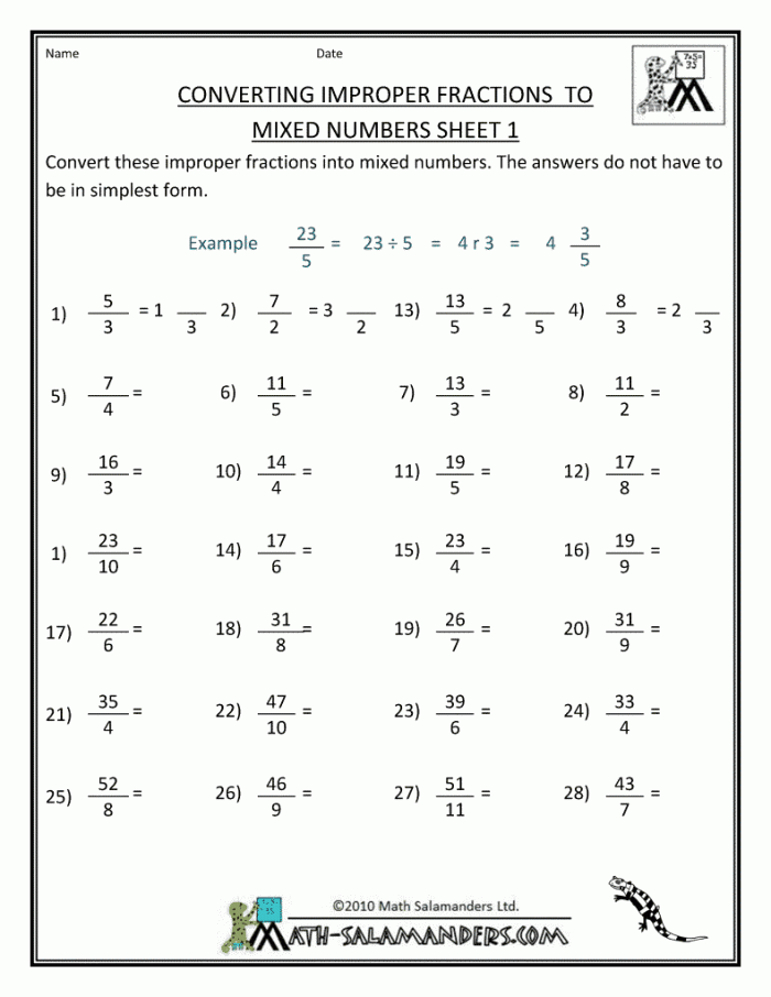 Fifth grade math worksheet showing colorful practice problems for converting between mixed numbers and improper fractions