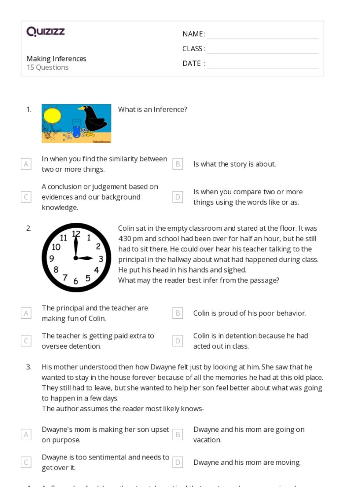 Worksheet image for making inferences and interpreting reading passages Fifth-grade students engaging with a worksheet on making inferences in fiction
