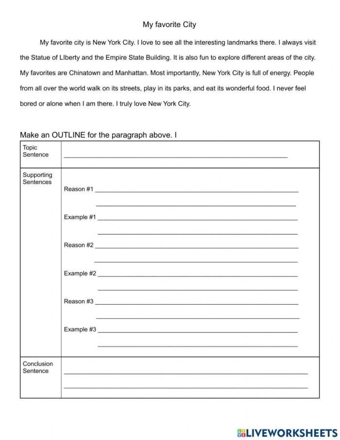 Informative Paragraph Outline Worksheet for Grade 5 Lesson 16 Fifth grade student worksheet displaying a sample informative paragraph and outline for academic writing practice