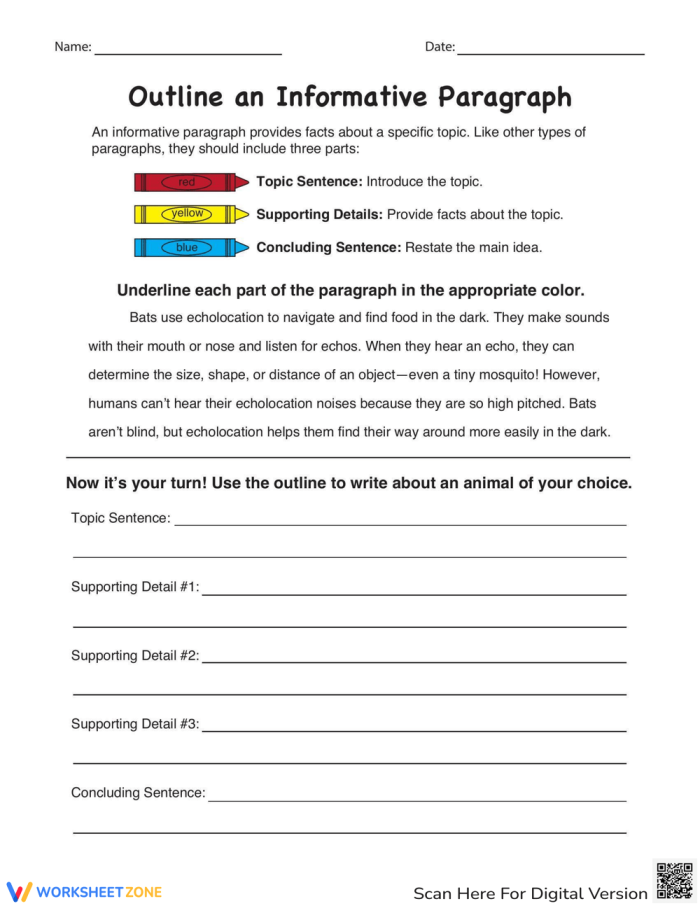 Outline an Informative Paragraph Worksheet for 5th Grade Reading Students Fifth grade student worksheet with a sample informational paragraph and outline template for writing practice