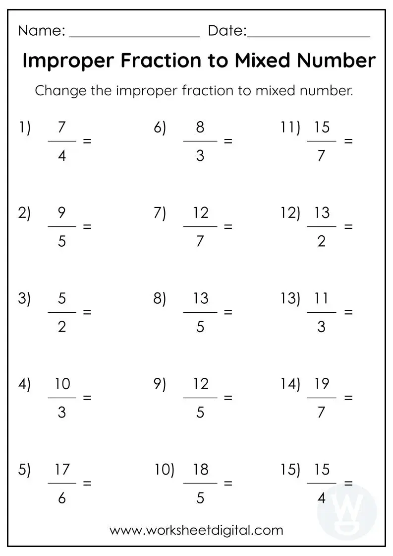 Fifth grade student working on a worksheet to identify mixed and improper fractions