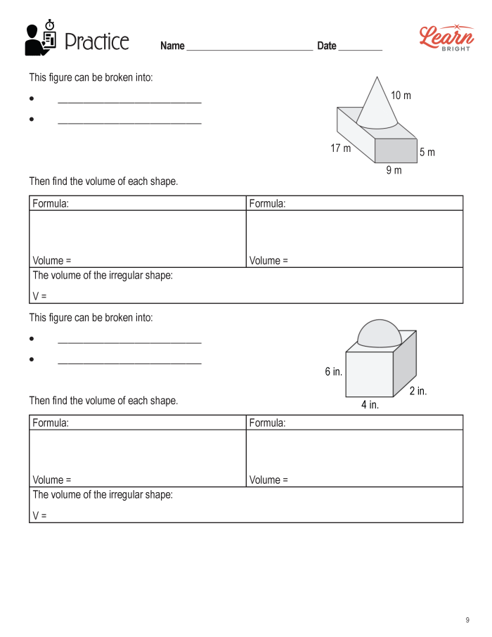 Illustration of a worksheet focused on calculating the volume of irregular shapes for fifth-grade students