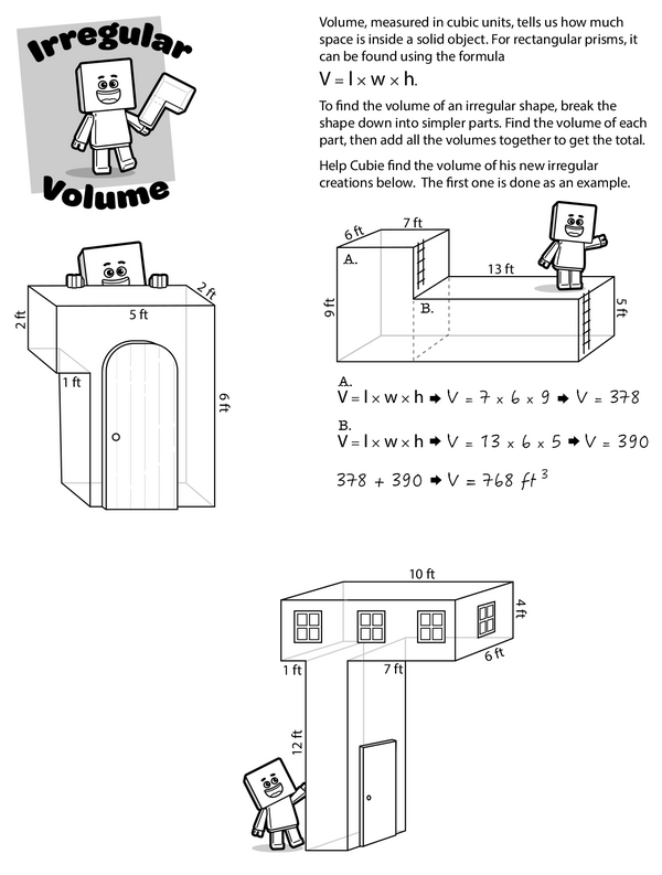 Worksheet illustrating the calculation of volume for irregular shapes, designed for fifth graders