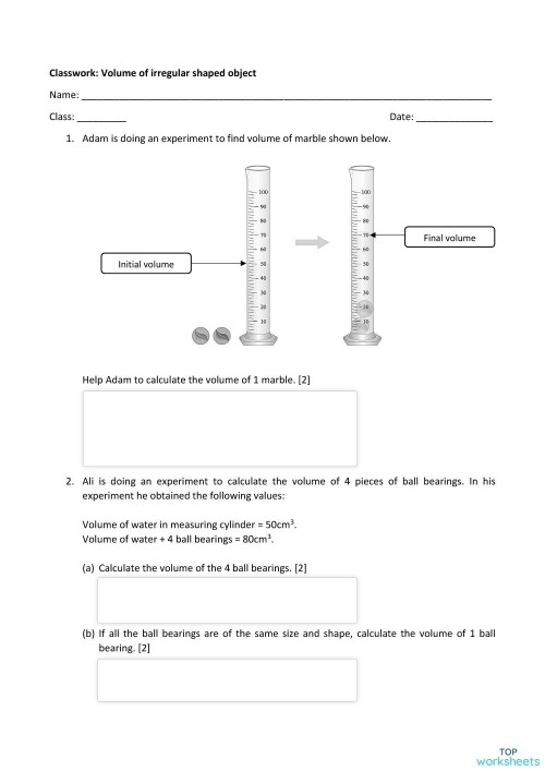 Fifth grade student worksheet for calculating the volume of irregular geometric shapes