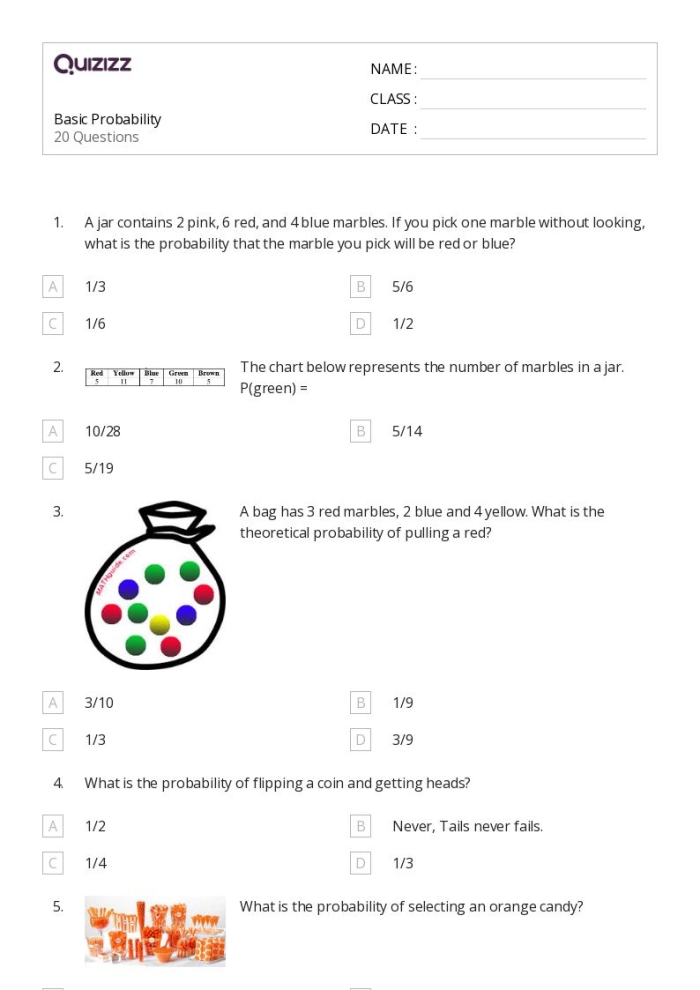 Fifth grade math worksheet featuring colorful jelly beans to help students calculate probability as a fraction