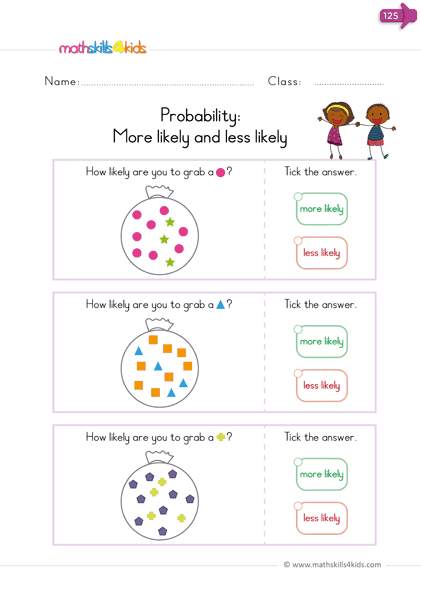 Colorful jelly beans scattered on a worksheet aimed at teaching fifth graders about probability. Probability: Jelly Beans worksheet for fifth grade statistics practice.